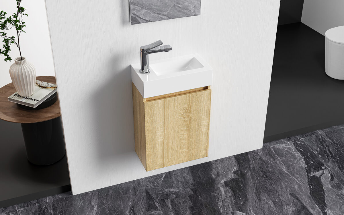 Aloni Zyro Toiletmeubelset - Compleet - Onderkast Met 1 Deur - Greeploos - Soft Close - Omkeerbaar - Spiegel - Fontein - 40,5x22,5 Cm - Licht Eiken/Glanzend Wit - Afbeelding 2
