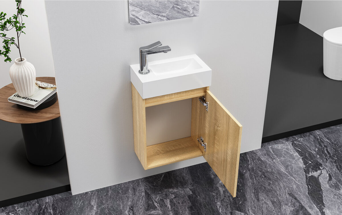 Aloni Zyro Toiletmeubelset - Compleet - Onderkast Met 1 Deur - Greeploos - Soft Close - Omkeerbaar - Spiegel - Fontein - 40,5x22,5 Cm - Licht Eiken/Glanzend Wit - Afbeelding 4
