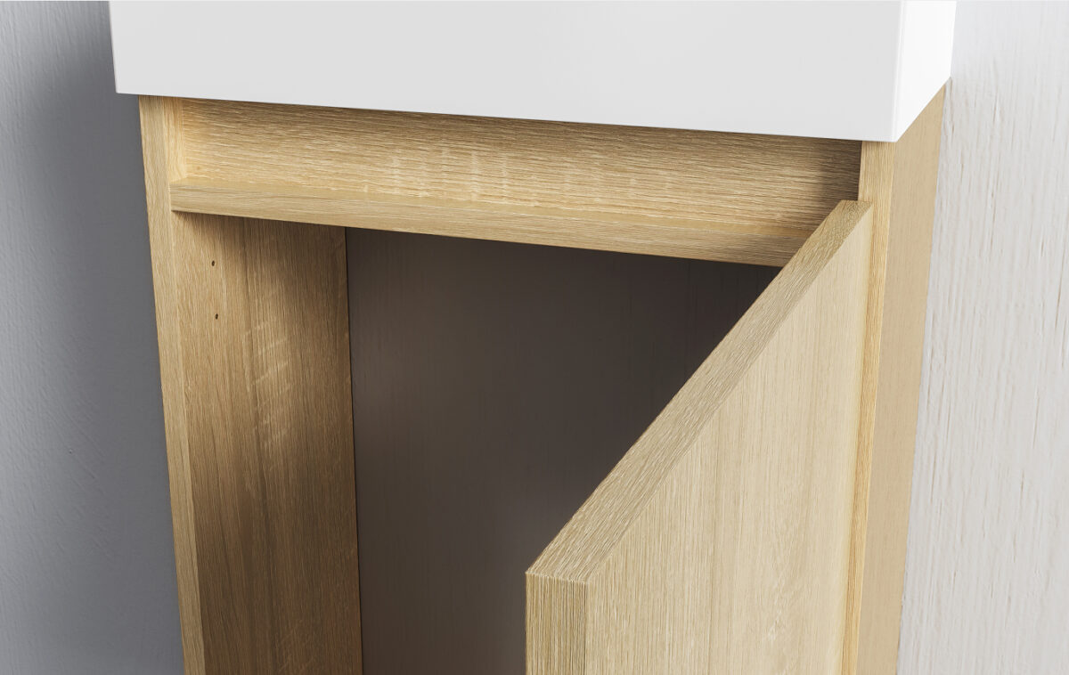 Aloni Zyro Toiletmeubelset - Compleet - Onderkast Met 1 Deur - Greeploos - Soft Close - Omkeerbaar - Spiegel - Fontein - 40,5x22,5 Cm - Licht Eiken/Glanzend Wit - Afbeelding 3