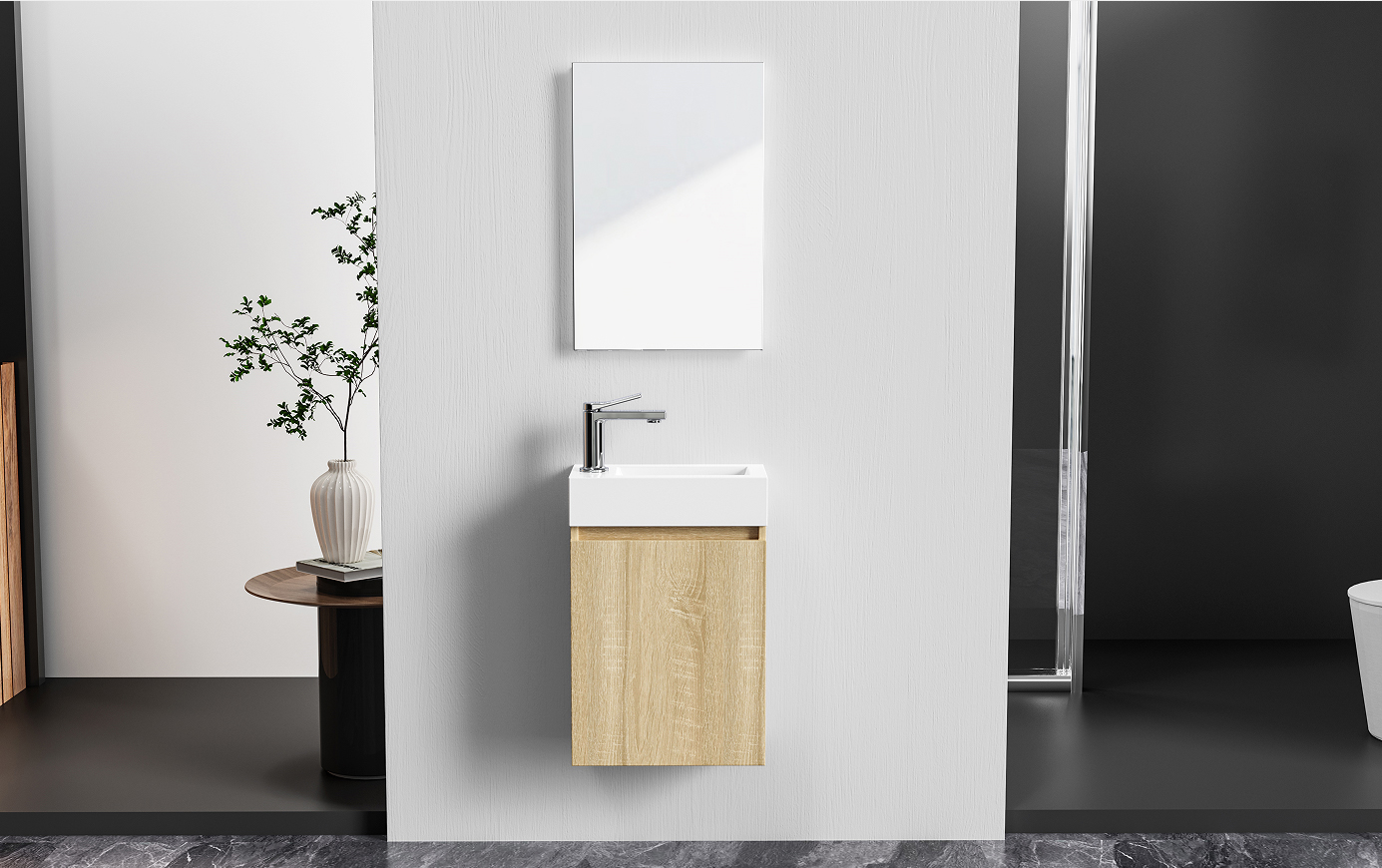 PP-MF40OAK_4.jpg ALONI ZYRO ENSEMBLE DE MEUBLE DE TOILETTE - COMPLÈT - MEUBLE SOUS-VASQUE AVEC 1 PORTE - SANS POIGNÉE - SOFT CLOSE - RÉVERSIBLE - MIROIR - LAVE MAINS - 40,5X22,5 CM - CHÊNE CLAIR/BLANC BRILLANT - Image 1