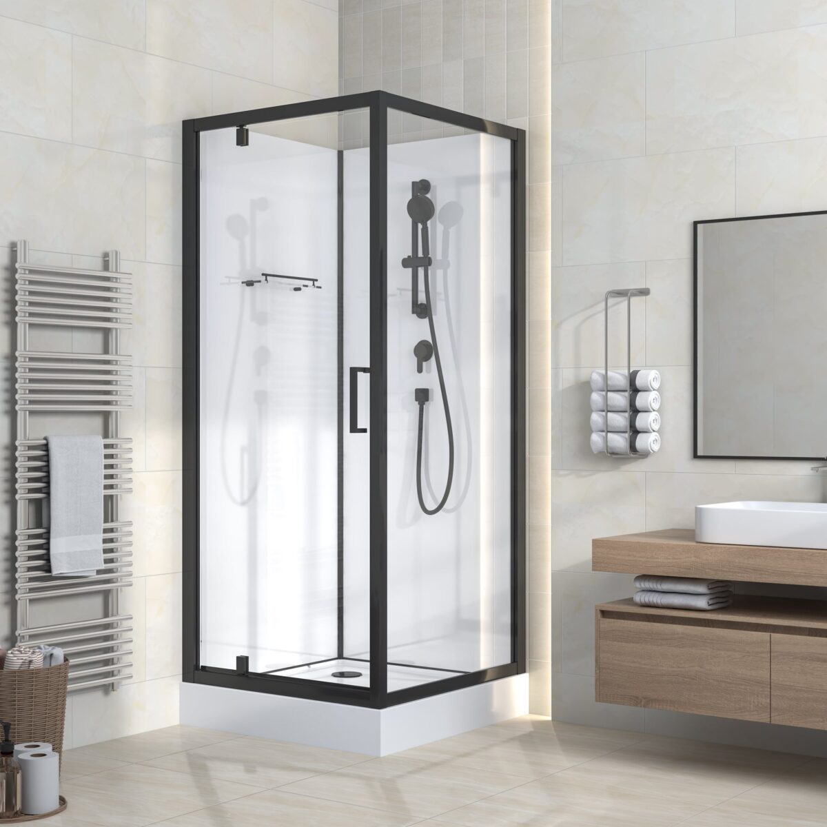 Cabine De Douche Complète Rimo Avec Porte Battantes - Réversible - 90x215x90 Cm - Noir Mat - Verre Clair – Image 2