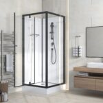 RIMO CABINE DE DOUCHE COMPLÈTE AVEC PORTE PIVOTANTE - RÉVERSIBLE - 90X215X90 CM - NOIR MAT - VERRE CLAIR
