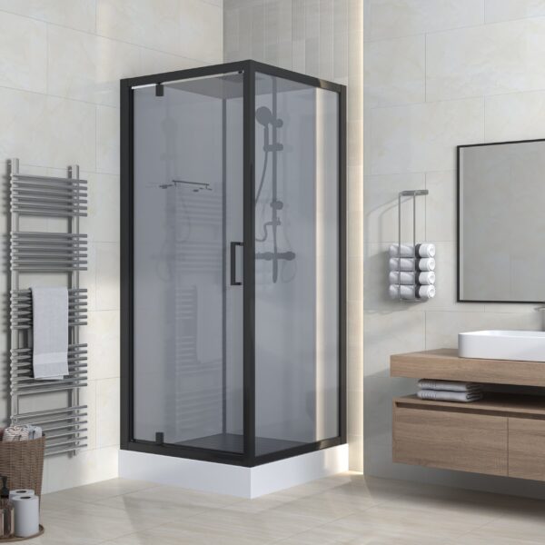 MARANI CABINE DE DOUCHE COMPLÈTE AVEC PORTE PIVOTANTE - RÉVERSIBLE - 90X225X90 CM - NOIR MAT - VERRE FUMÉ GRIS