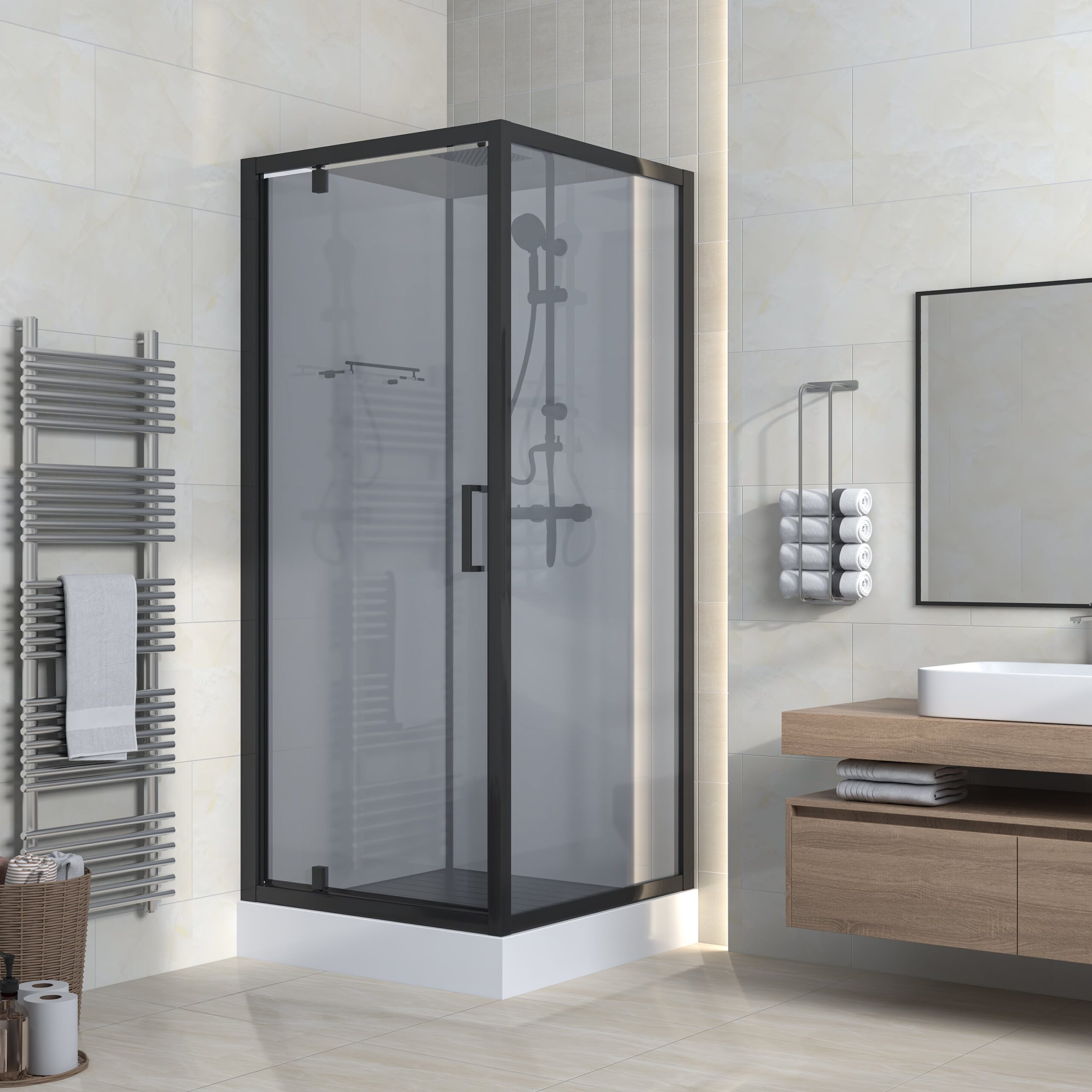 540031955504.jpg MARANI CABINE DE DOUCHE COMPLÈTE AVEC PORTE PIVOTANTE - RÉVERSIBLE - 90X225X90 CM - NOIR MAT - VERRE FUMÉ GRIS - Image 1