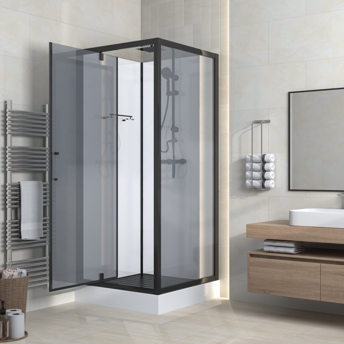 MARANI CABINE DE DOUCHE COMPLÈTE AVEC PORTE PIVOTANTE - RÉVERSIBLE - 90X225X90 CM - NOIR MAT - VERRE FUMÉ GRIS - Image 2