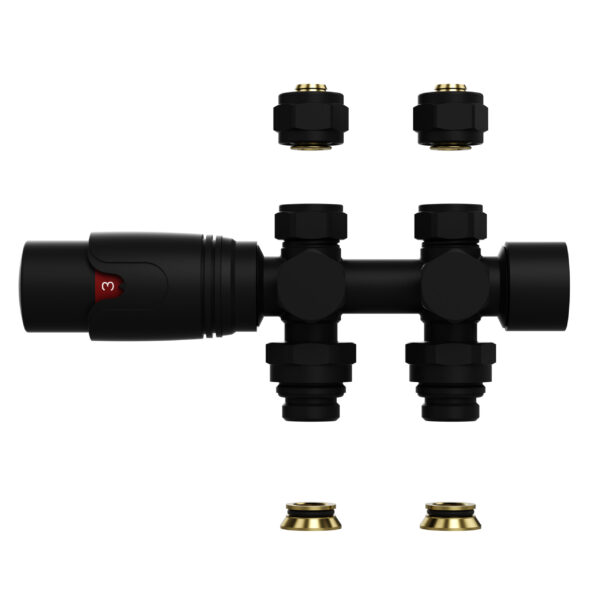 VANNE RADIATEUR THERMOSTATIQUE – DESIGN – RACCORDEMENT MURAL ET AU SOL – 1/2MX16/2 M30 – NOIR MAT