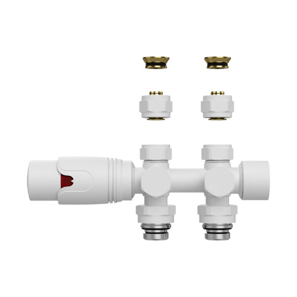 VANNE RADIATEUR THERMOSTATIQUE – DESIGN – RACCORDEMENT MURAL ET AU SOL – 1/2MX16/2 M30 – BLANC MAT