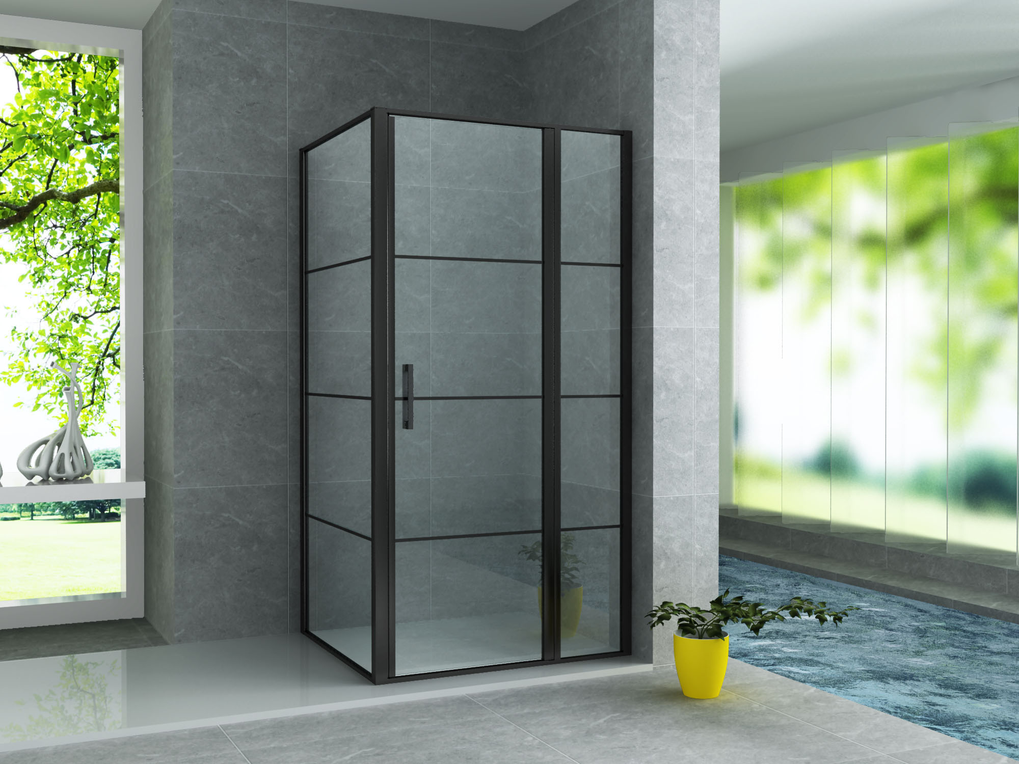 CR56B-80120-1.jpg ALONI CABINE DE DOUCHE AVEC PORTE BATTANTE, PAROI FIXE ET PAROI LATÉRALE – TRAITEMENT ANTI-CALCAIRE – RÉVERSIBLE – VERRE DE SÉCURITÉ 8?MM – 90X120X200?CM – NOIR MAT – VERRE CLAIR AVEC GRILLE?NOIRE - Image 1