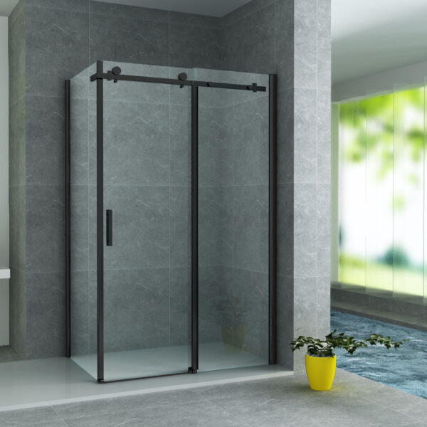 ALONI CABINE DE DOUCHE AVEC PORTE COULISSANTE ET PAROI LATÉRALE - TRAITEMENT ANTI-CALCAIRE - RÉVERSIBLE - VERRE DE SÉCURITÉ 8MM - 90X140X195 CM - NOIR MAT - VERRE CLAIR