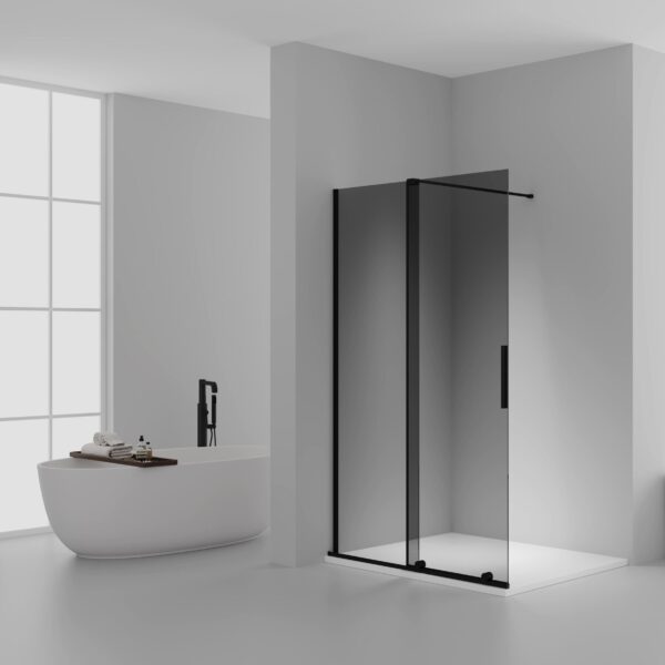 X-SLIDE WALK-IN SHOWER WITH SLIDING DOOR – SLIDING DOOR FOR NICHE – WITH ANTI-LIMESCALE TREATMENT – REVERSIBLE – 8MM SAFETY GLASS – 120X200CM – MATT BLACK – GREY TINTED GLASS