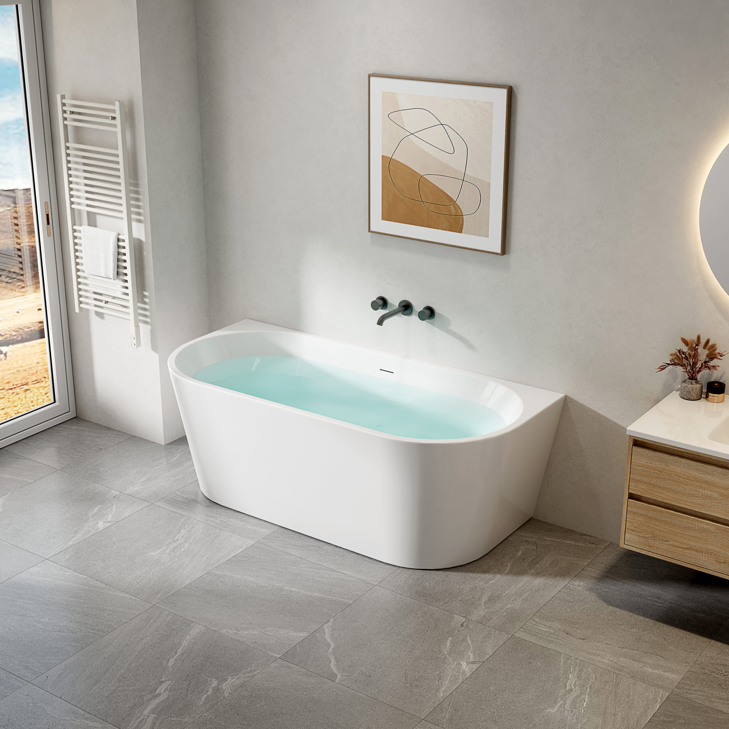 FB550020-20ambient.jpg ALONI BAIGNOIRE SEMI-ÎLOT - AVEC SET D'EVACUATION ET BONDE CLIC-CLAC - ACRYLIQUE - 170X78X58 CM - BLANC BRILLANT - Image 1