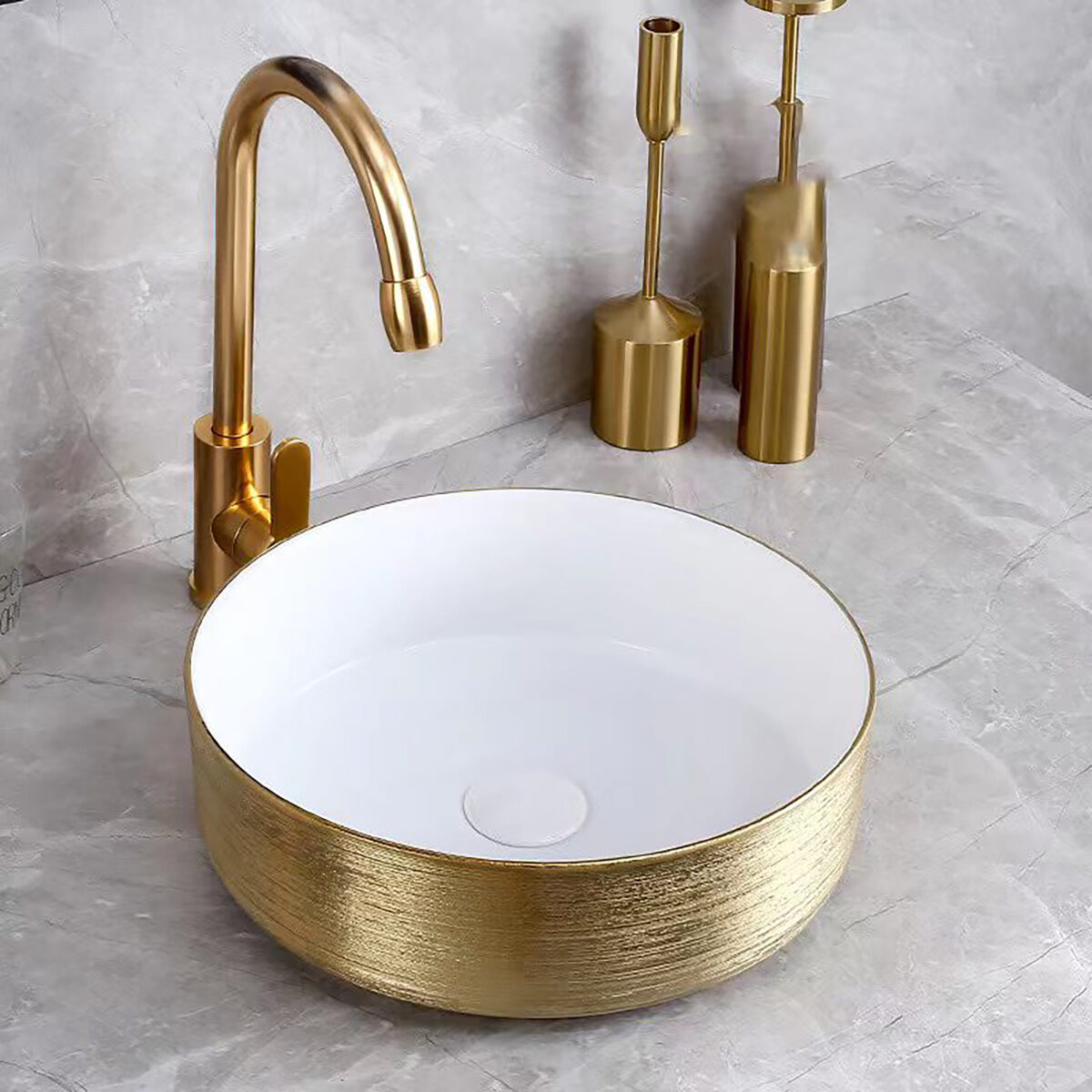 ALONI TURO LAVABO AVEC RELIEF - À POSER – SANS TROP-PLEIN – SANS TROU DE ROBINET – CÉRAMIQUE – 36X12X36 CM – OR/BLANC BRILLANT - Image 2