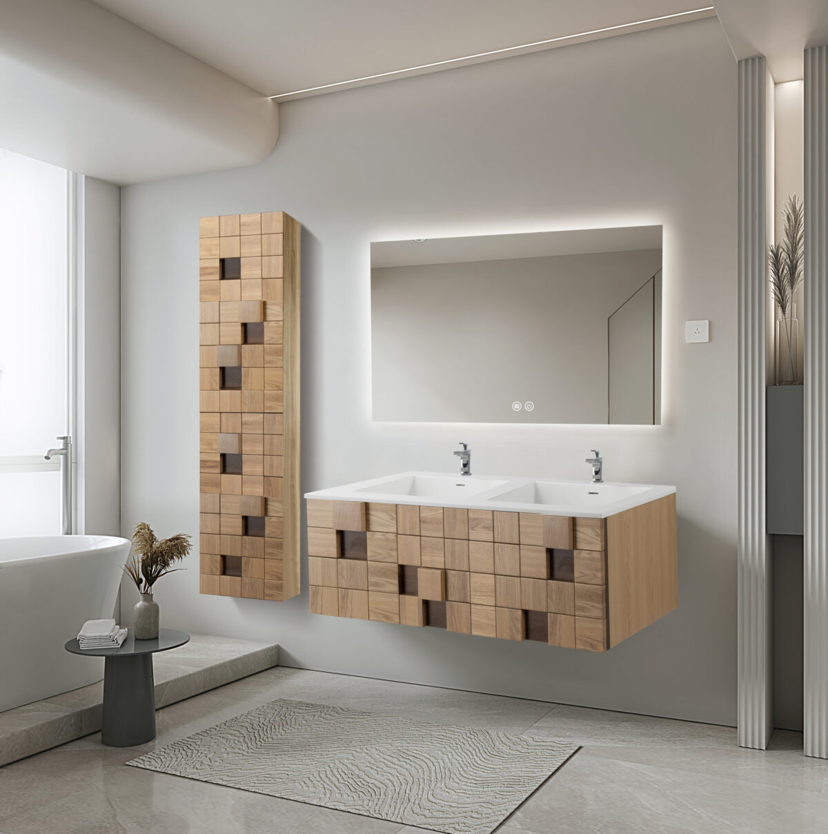 Wonda Square Slim Wastafel - 2 Wakbakken - Met Overloop - 2 Kraangaten - Kunst Marmer - 120x1,6x52,5 Cm - Mat Wit - Afbeelding 3