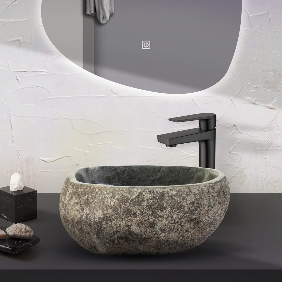 VASQUE EN PIERRE DE RIVIÈRE NATURELLE - GRIS 30-35X15X2CM - Image 3