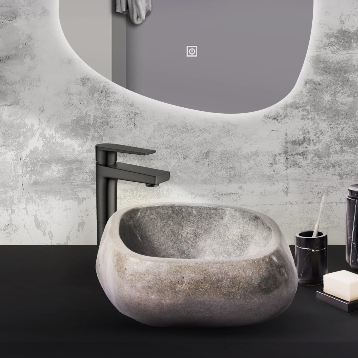 Volledig Gepolijste Natuurlijke Riviersteen Waskom - Zwart 30-35x15x1.5cm - Afbeelding 3