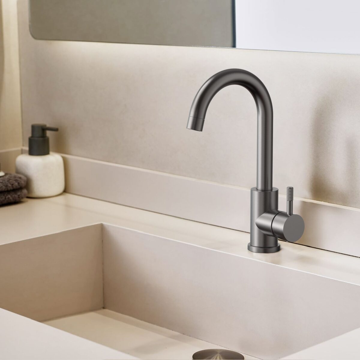 Stria Wastafelmengkraan - Gebogen Uitloop - Draaibaar - Cold Start - Hendel Met Verfijnde Ribbelstructuur - Zonder Afvoerplug - Gunmetal (Pvd) - Afbeelding 2