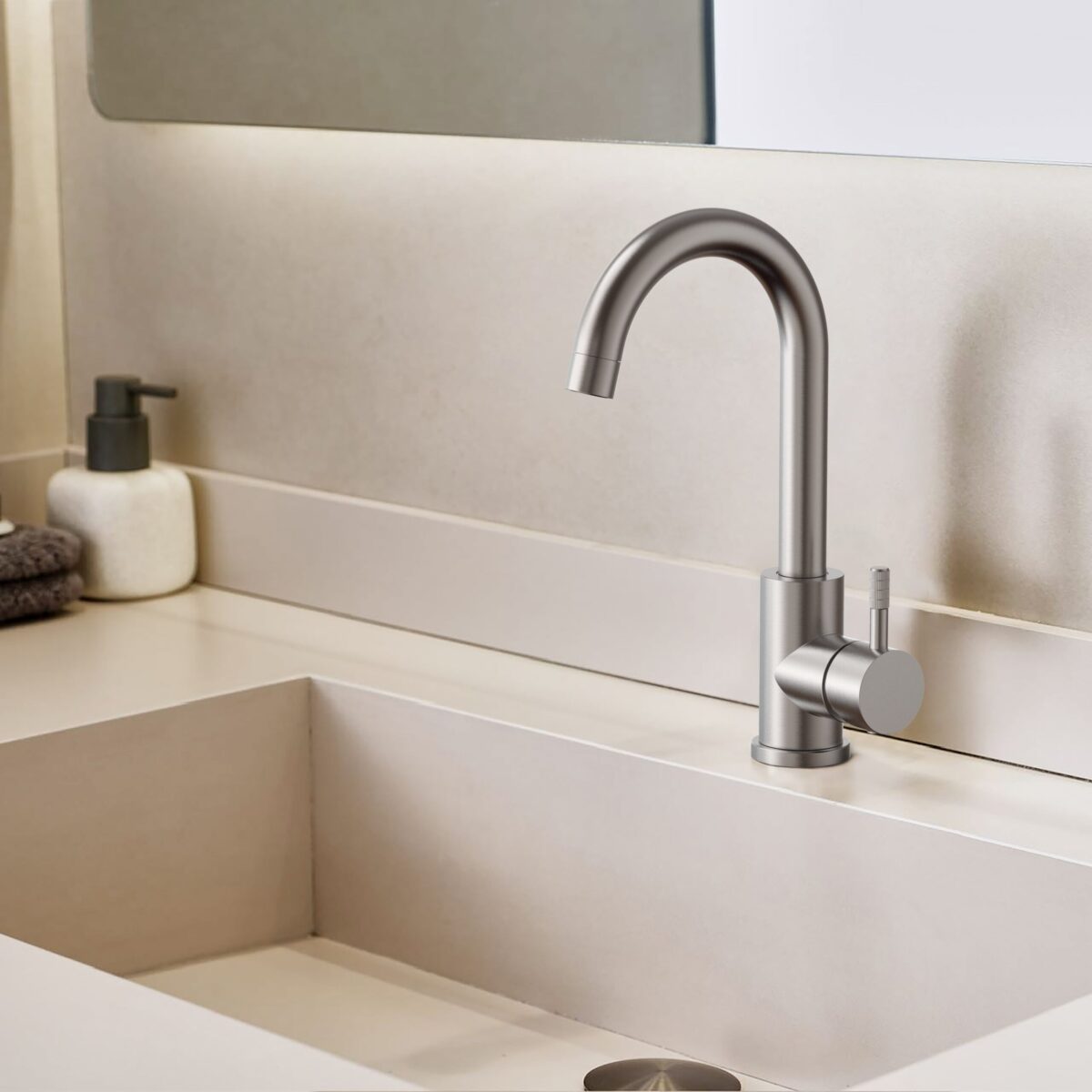 STRIA MITIGEUR LAVABO – BEC COURBÉ – MOBILE – DÉMARRAGE À FROID – POIGNÉE AVEC STRUCTURE STRIÉE RAFFINÉE – SANS BONDE –  ACIER INOX BROSSÉ - Image 2