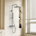 Stria Ensemble De Douche Pluie – Thermostatique – Cool Touch – Douche De Tête 30 Cm – Montage Apparente – Boutons S Avec Structure Striée Raffinée – Gunmetal (Pvd) – Image 2