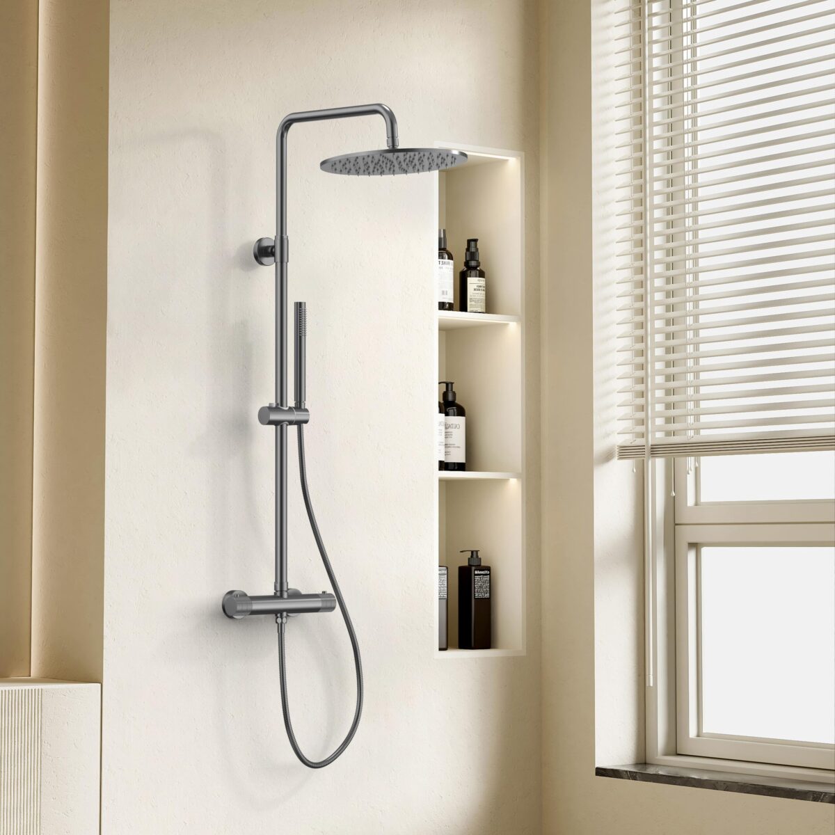 Stria Ensemble De Douche Pluie – Thermostatique – Cool Touch – Douche De Tête 30 Cm – Montage Apparente – Boutons S Avec Structure Striée Raffinée – Gunmetal (Pvd) – Image 2