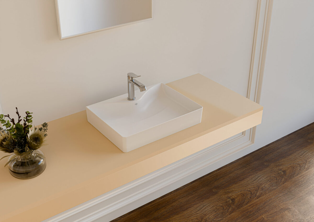 CREAVIT RUBY RB064 LAVABO – À POSER – CÉRAMIQUE – SANS TROP-PLEIN – AVEC TROU DE ROBINET – 60,5X11X45,5 CM – BLANC BRILLANT - Image 2