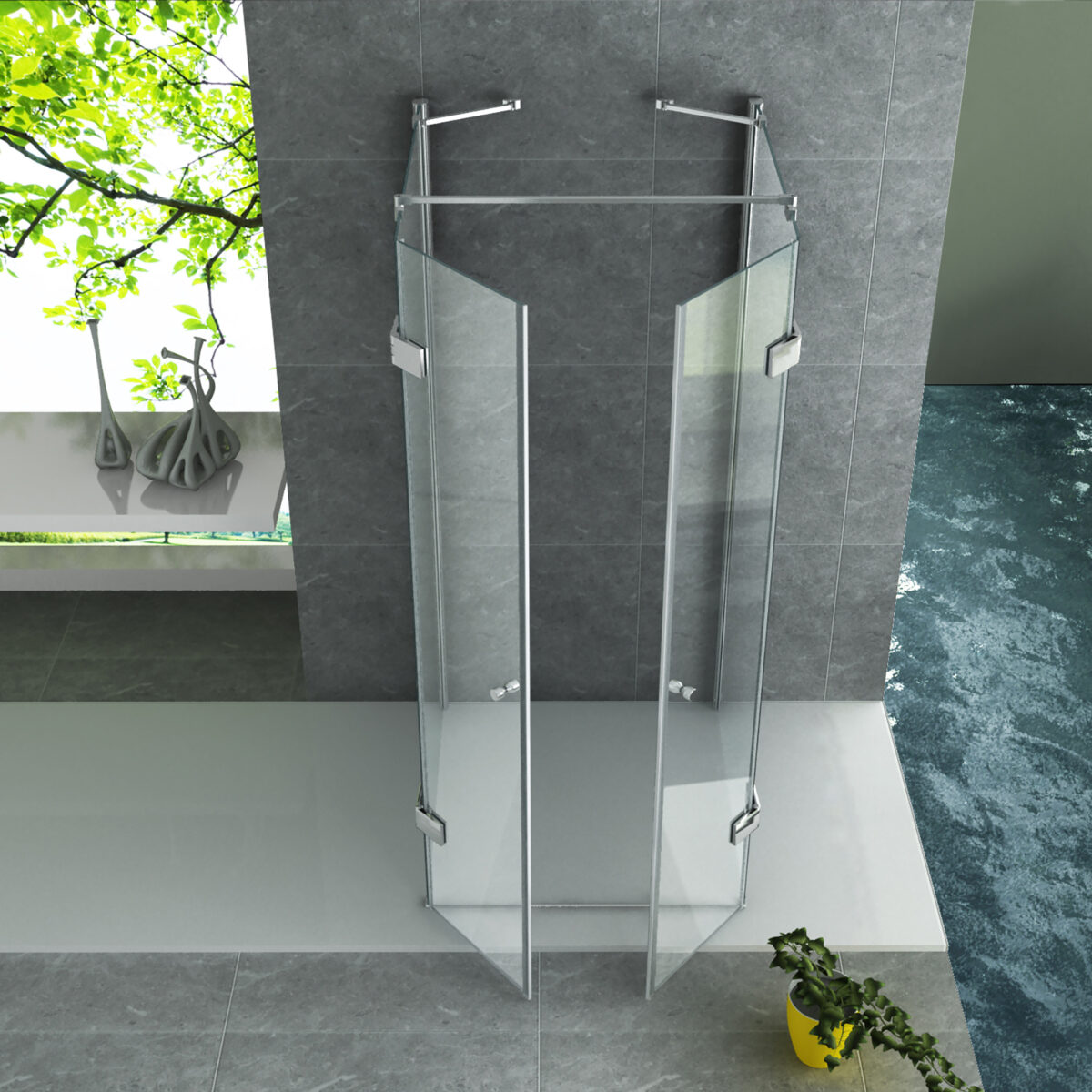 ALONI CABINE DE DOUCHE EN U AVEC 2 PORTES PIVOTANTES ET 2 PAROIS LATÉRALES - TRAITEMENT ANTI-CALCAIRE - VERRE DE SÉCURITÉ 8MM - 90X90X195 CM - CHROME - VERRE CLAIR - Image 2
