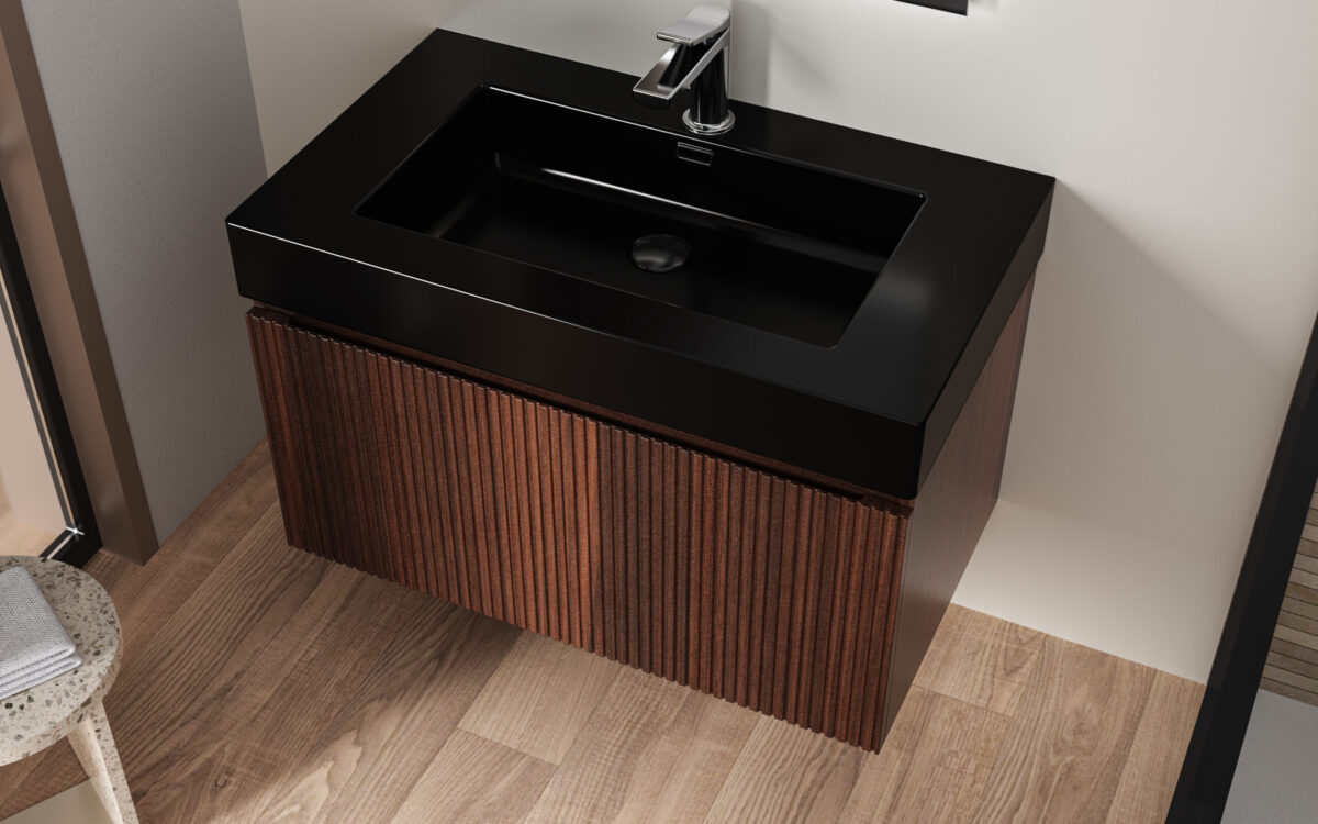 Aloni Lavabo - 1 Vasque -  Avec Trop-Plein - 1 Trou Robinet - Marbre Composite - 80x10x46 Cm - Noir Mat - Afbeelding 3