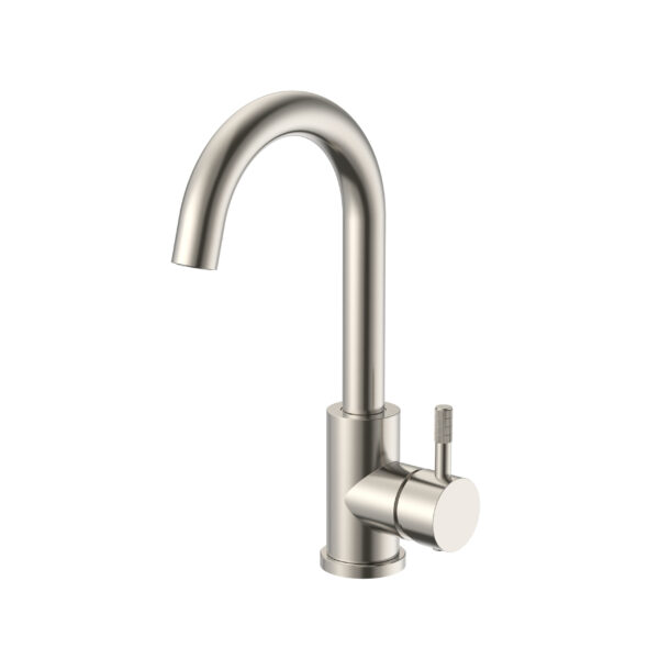 STRIA MITIGEUR LAVABO – BEC COURBÉ – MOBILE – DÉMARRAGE À FROID – POIGNÉE AVEC STRUCTURE STRIÉE RAFFINÉE – SANS BONDE –  ACIER INOX BROSSÉ