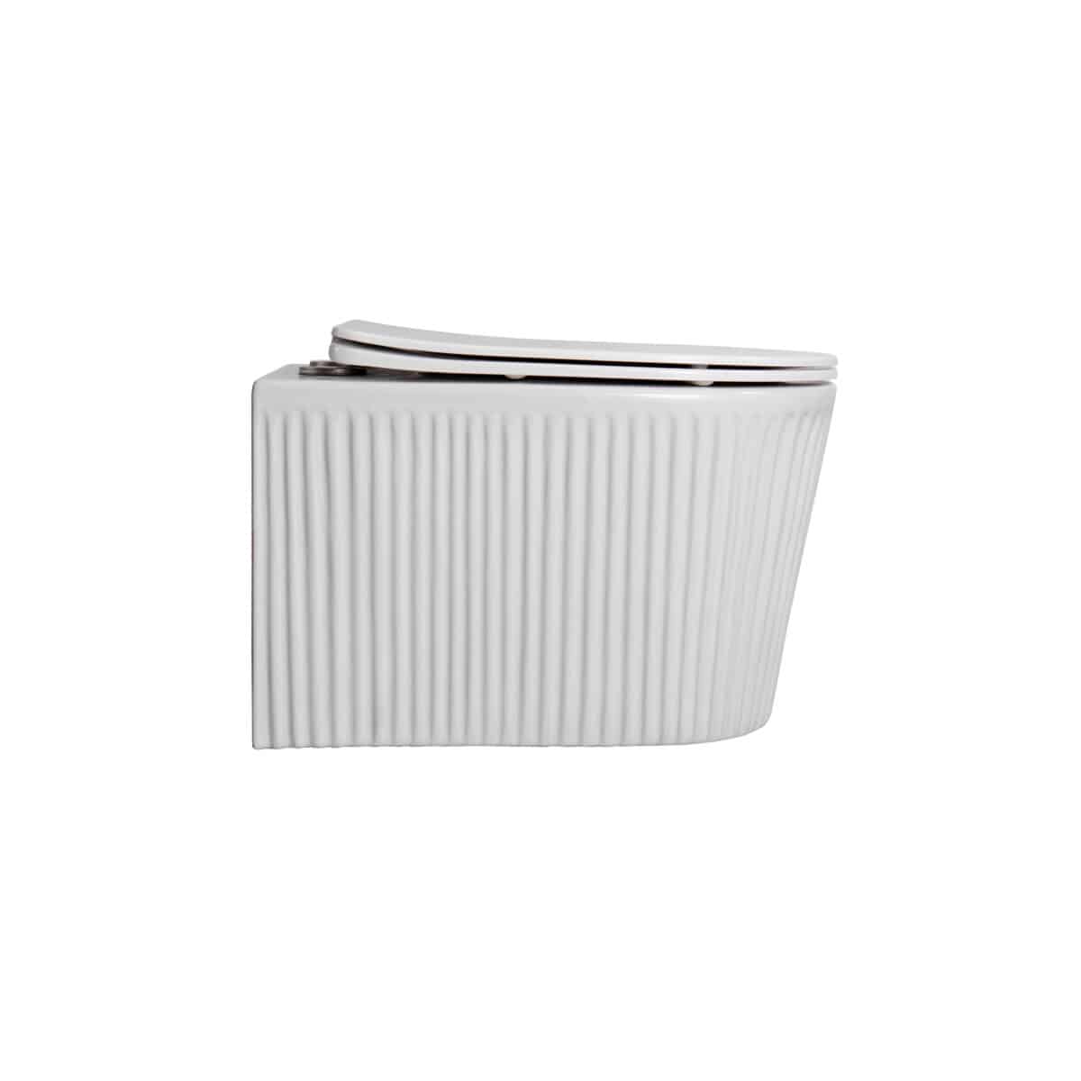 MUFFLY WC SUSPENDU AVEC STRUCTURE CANNELÉE – SANS BRIDE – TORNADO FLUSH – AVEC ABATTANT – DUROPLAST – SOFT CLOSE – QUICK RELEASE – CÉRAMIQUE – 36,5X52X34,6 CM – BLANC BRILLANT - Image 2