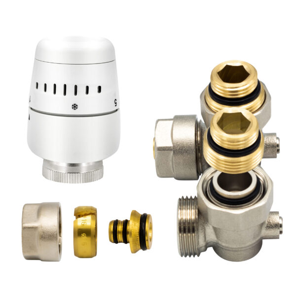 Belrad H-Block - Ensemble De Raccordement De Radiateur Complet - Avec Bouton De Thermostat - Coudé - Raccordement Mural - M30 - 1/2mx16/2 - Nickel/Blanc