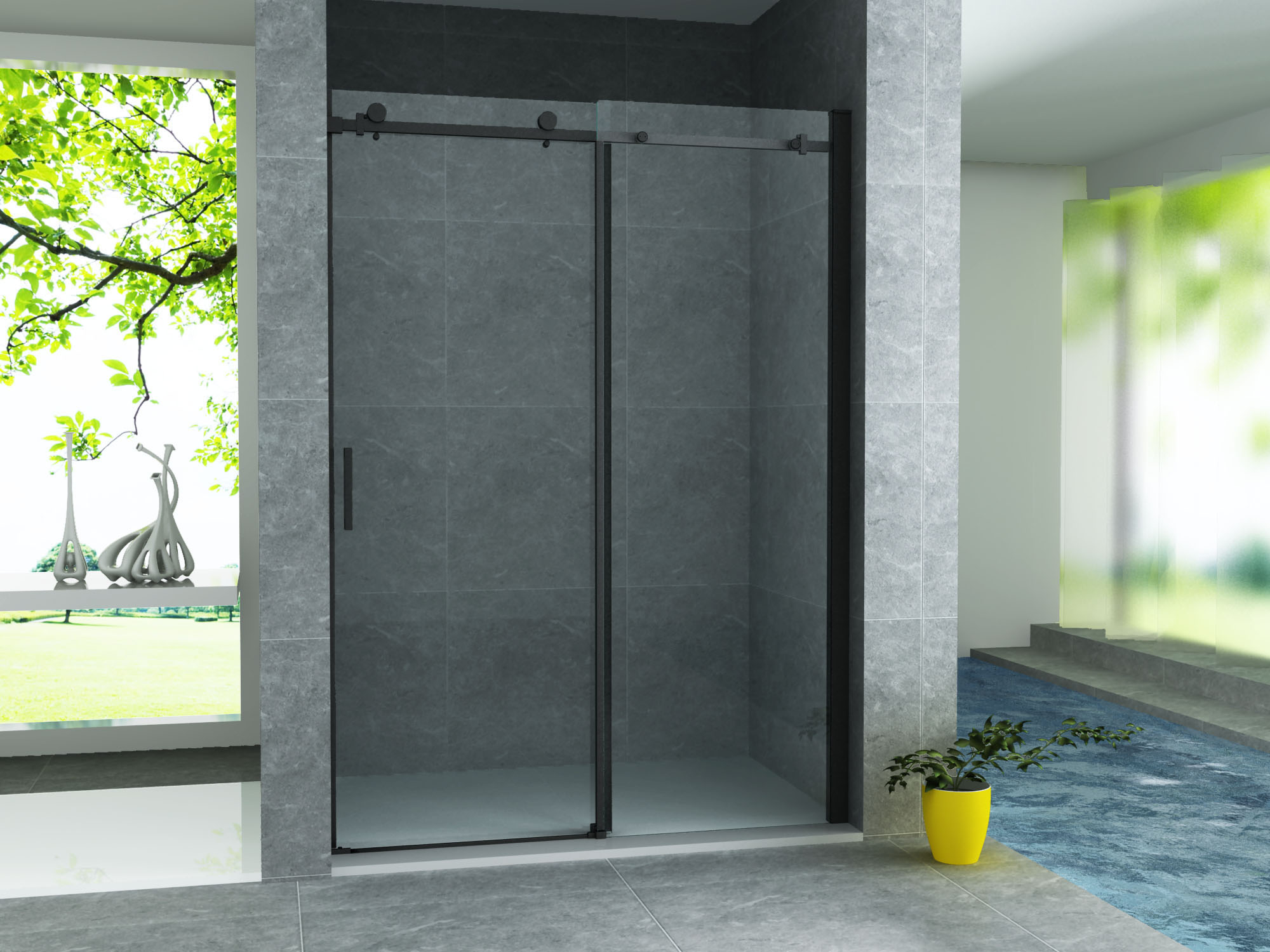 Porte Coulissante De Douche Aloni En Niche 8mm (140x200cm) Noir Mat