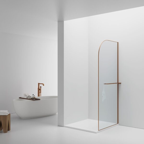 Curvy Douche À L'italienne Avec Porte-Serviette - Courbée - Traitement Anti-Calcaire - Réversible - Verre De Sécurité 8mm - 100x200cm - Cuivre Brossé - Verre Clair