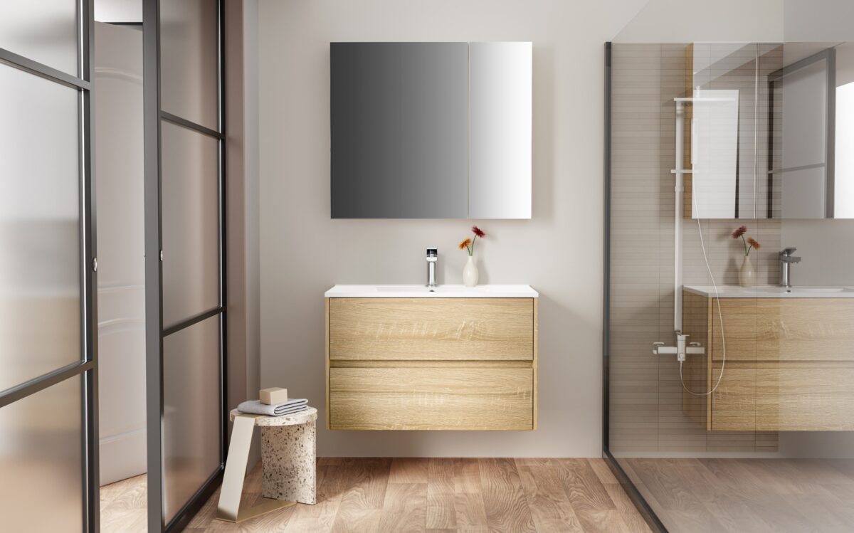 Hayat Spiegelkast - 2 Asymmetrische, Enkelzijdige Spiegeldeuren - 4 In Hoogte Verstelbare Planken - 80x70x15cm - Eiken - Afbeelding 3