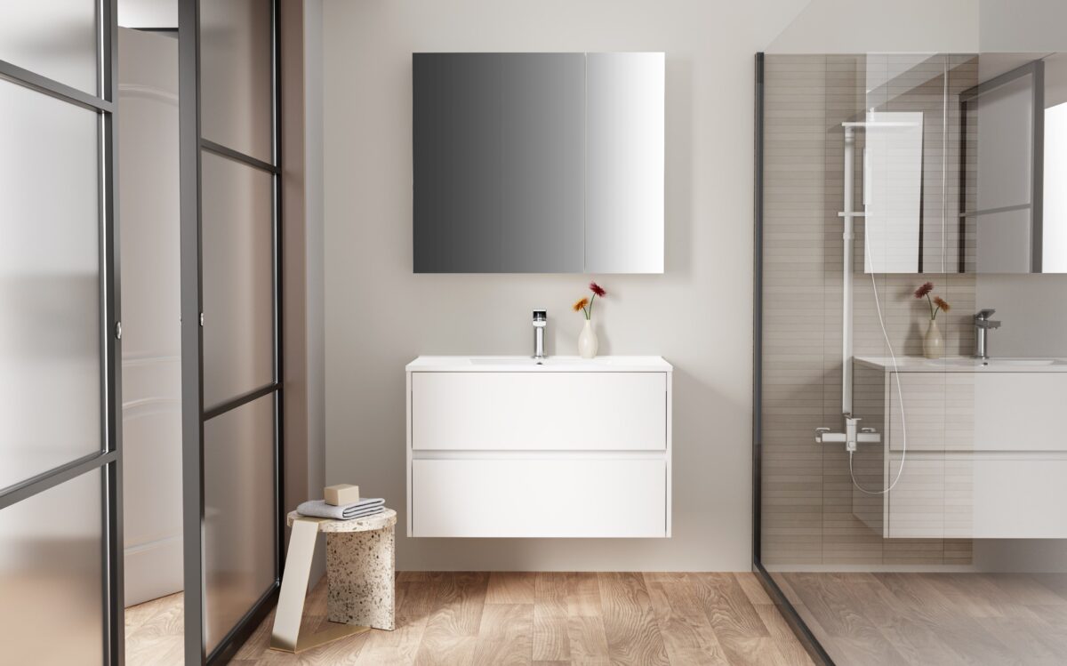 Armoire Miroir Hayat - 2 Portes Miroir Asymétriques Simples Face - 4 Étagères Réglables En Hauteur - 80x70x15cm - Blanc Brillant – Image 3