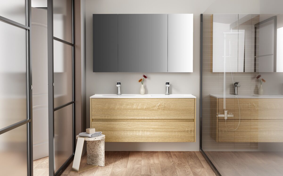 HAYAT ARMOIRE MIROIR - 3 PORTES MIROIRS ASYMÉTRIQUES, À UN SEUL CÔTÉ - 6 ÉTAGÈRES RÉGLABLES EN HAUTEUR - 120X70X15 CM - CHÊNE - Image 3