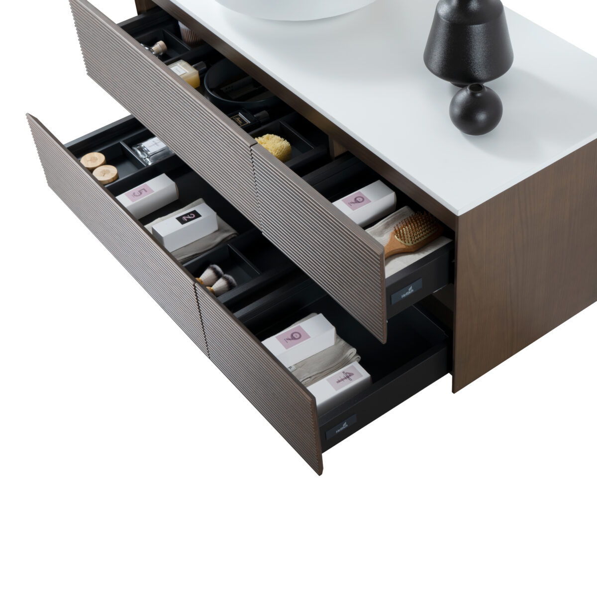 Layda Wastafelonderkast - 4 Lades - Greeploos  - Soft Close – 119x49x52 Cm - Donker Walnoten - Afbeelding 3