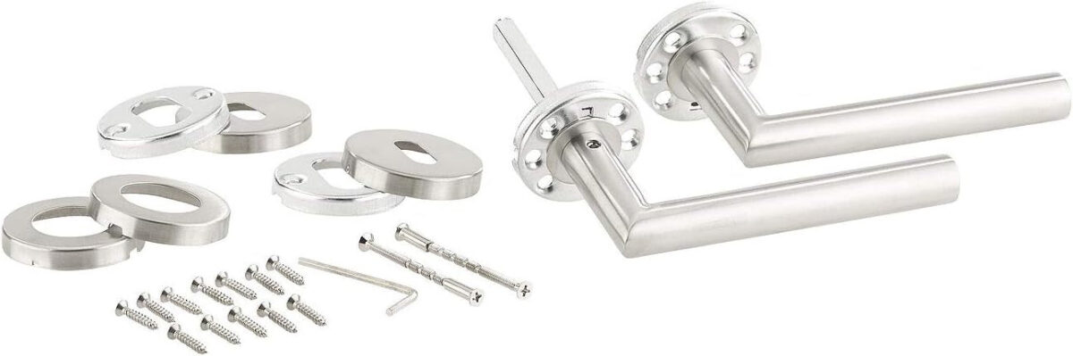 Angular Door Handle With Rosette |Stainless Steel, Silver Colored - Image 2