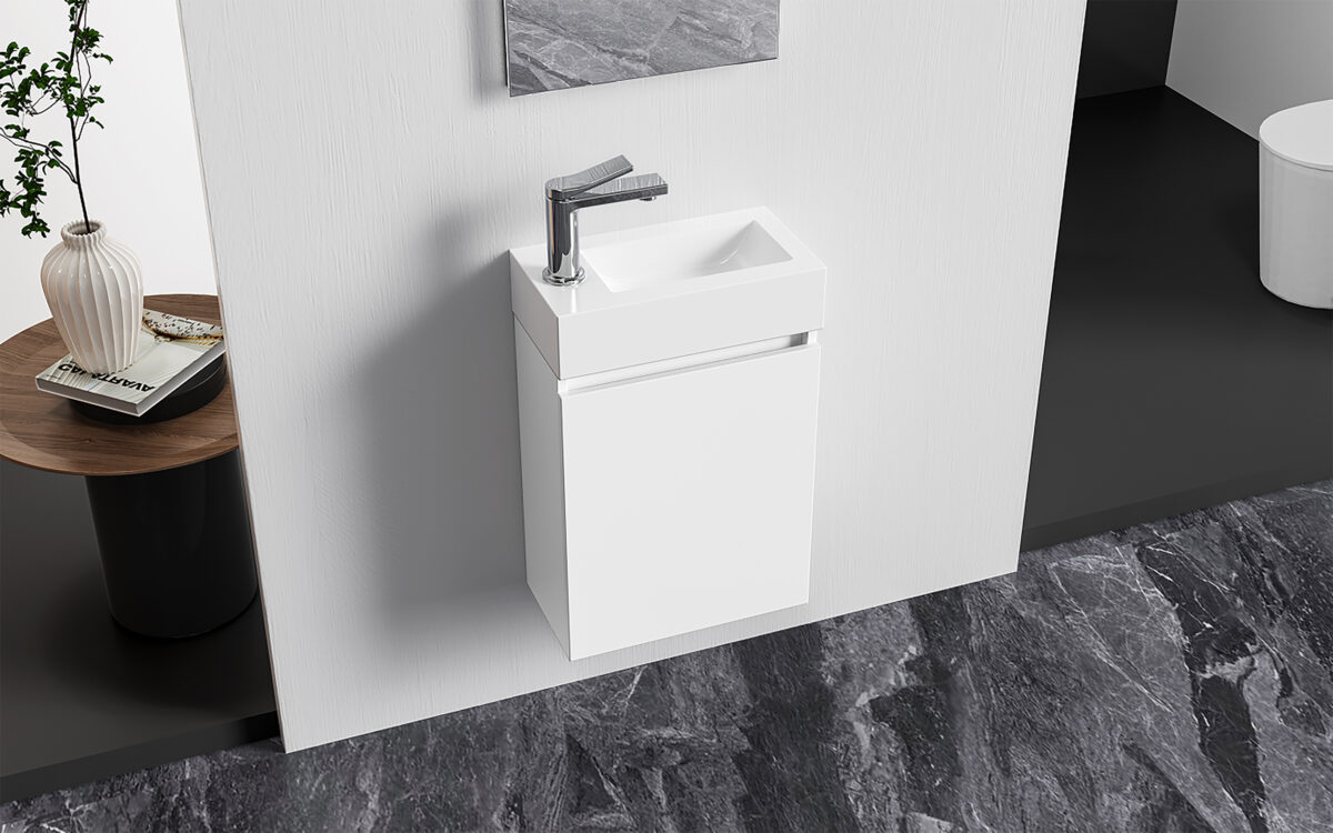ALONI ZYRO ENSEMBLE DE MEUBLE DE TOILETTE - COMPLÈT - MEUBLE SOUS-VASQUE AVEC 1 PORTE - SANS POIGNÉE - SOFT CLOSE - RÉVERSIBLE - MIROIR - LAVE MAINS - 40,5X22,5 CM - BLANC BRILLANT - Image 2