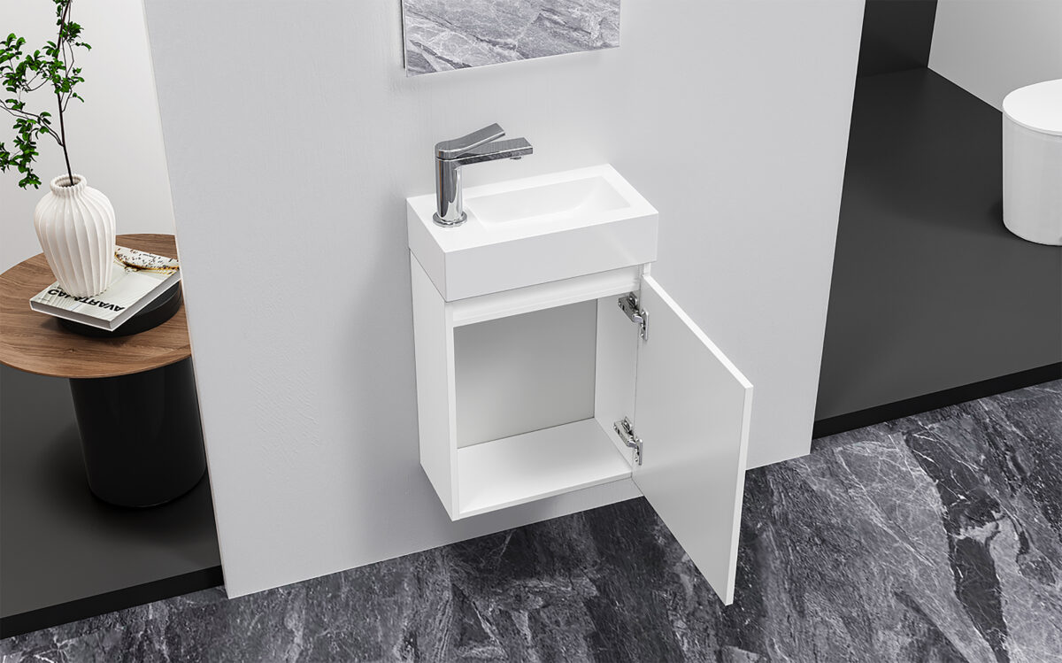 ALONI ZYRO ENSEMBLE DE MEUBLE DE TOILETTE - COMPLÈT - MEUBLE SOUS-VASQUE AVEC 1 PORTE - SANS POIGNÉE - SOFT CLOSE - RÉVERSIBLE - MIROIR - LAVE MAINS - 40,5X22,5 CM - BLANC BRILLANT - Image 3
