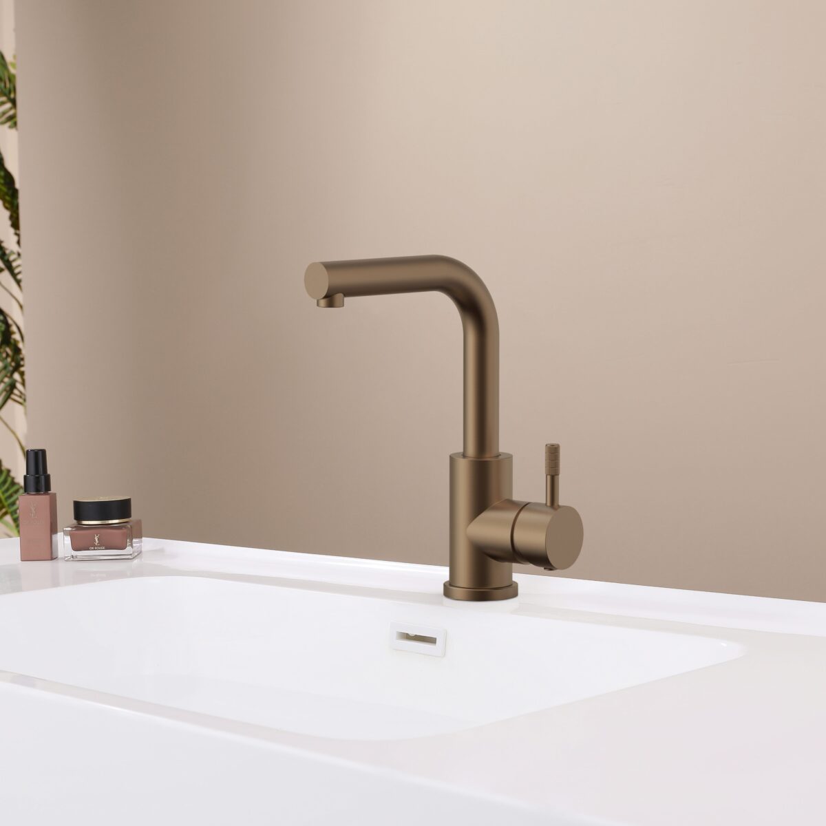 Stria Mitigeur Lavabo/Évier – Bec Droit – Mobile – Démarrage À Froid – Poignée Avec Structure Striée Raffinée – Sans Bonde – Brun Bronzé (Pvd) – Image 2