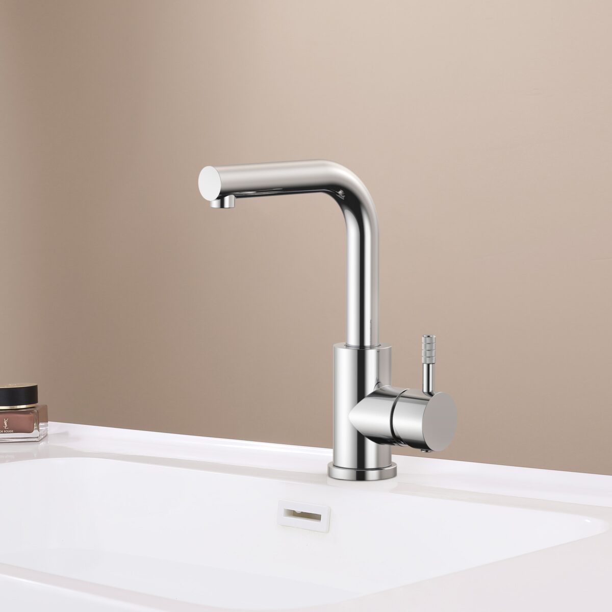 Stria Mitigeur Lavabo/Évier – Bec Droit – Mobile – Démarrage À Froid – Poignée Avec Structure Striée Raffinée – Sans Bonde – Chrome – Image 2