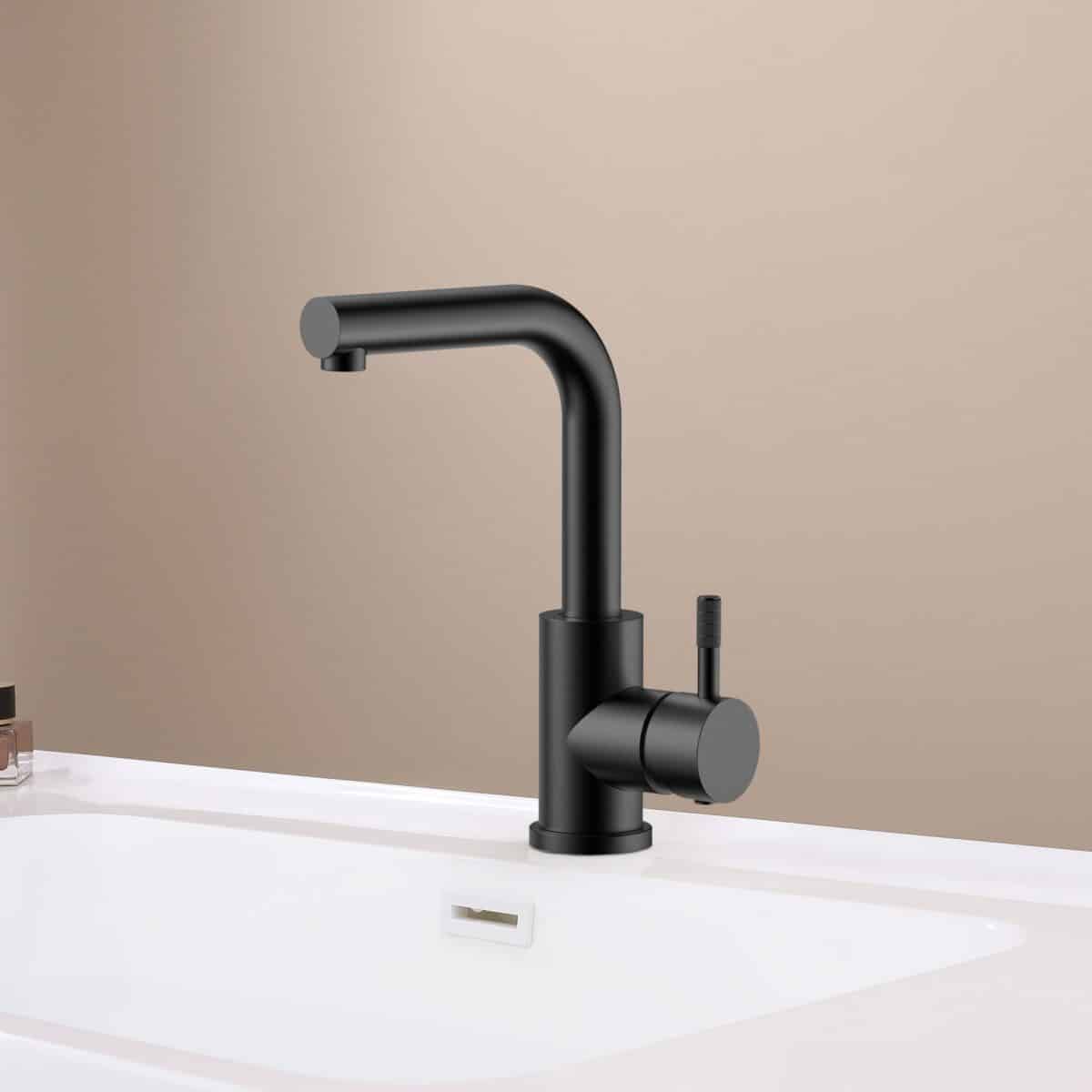 Stria Mitigeur Lavabo/Évier – Bec Droit – Mobile – Démarrage À Froid – Poignée Avec Structure Striée Raffinée – Sans Bonde – Noir Mat (Pvd) – Image 2