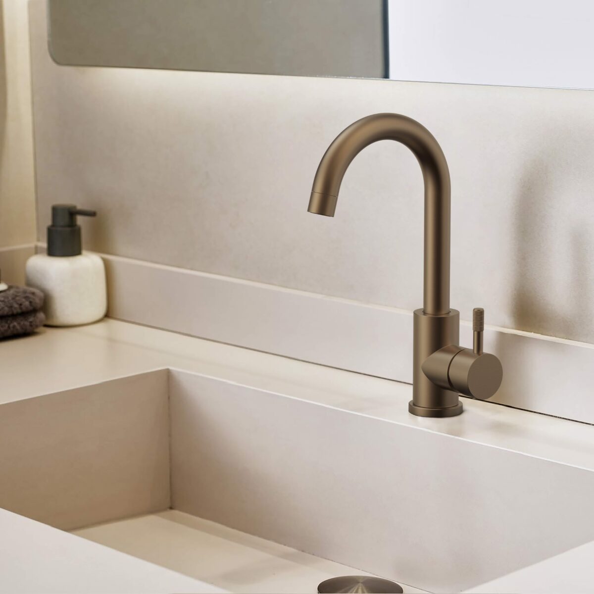 Stria Wastafelmengkraan - Gebogen Uitloop - Draaiende - Koude Start - Handgreep Met Verfijnde Geribde Textuur - Zonder Afval - Bruin Brons (Pvd) - Afbeelding 2