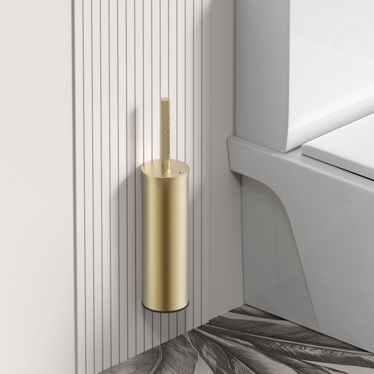 STRIA BROSSE WC AVEC SUPPORT – MANCHE AVEC STRUCTURE STRIÉE RAFFINÉE – SUSPENDUE OU À POSER – AVEC RÉCIPIENT INTÉRIEUR EN PLASTIQUE – OR BROSSÉ (PVD) - Image 2
