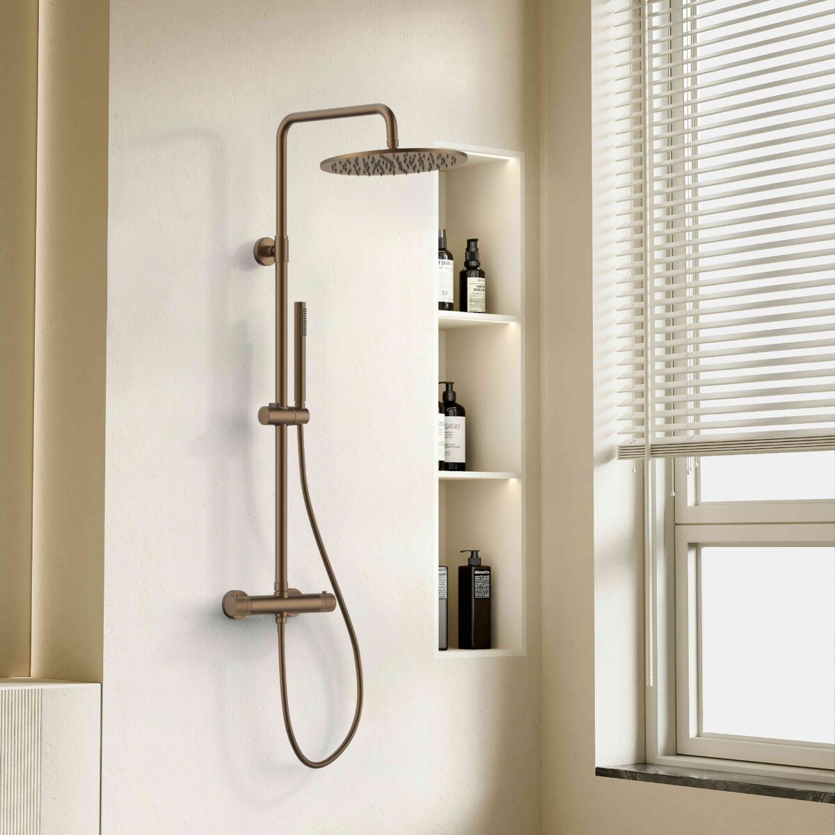 STRIA ENSEMBLE DE DOUCHE PLUIE – THERMOSTATIQUE – COOL TOUCH – DOUCHE DE TÊTE 30 CM – MONTAGE APPARENTE – BOUTONS S AVEC STRUCTURE STRIÉE RAFFINÉE – BRUN BRONZÉ (PVD) - Image 2