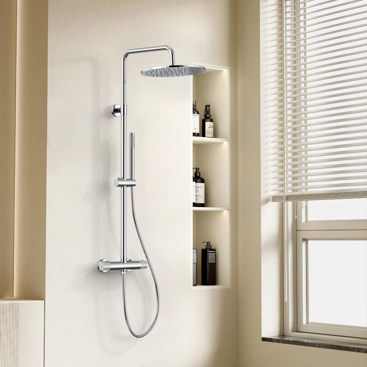 STRIA ENSEMBLE DE DOUCHE PLUIE – THERMOSTATIQUE – COOL TOUCH – DOUCHE DE TÊTE 30 CM – MONTAGE APPARENTE – BOUTONS S AVEC STRUCTURE STRIÉE RAFFINÉE – CHROME - Image 2