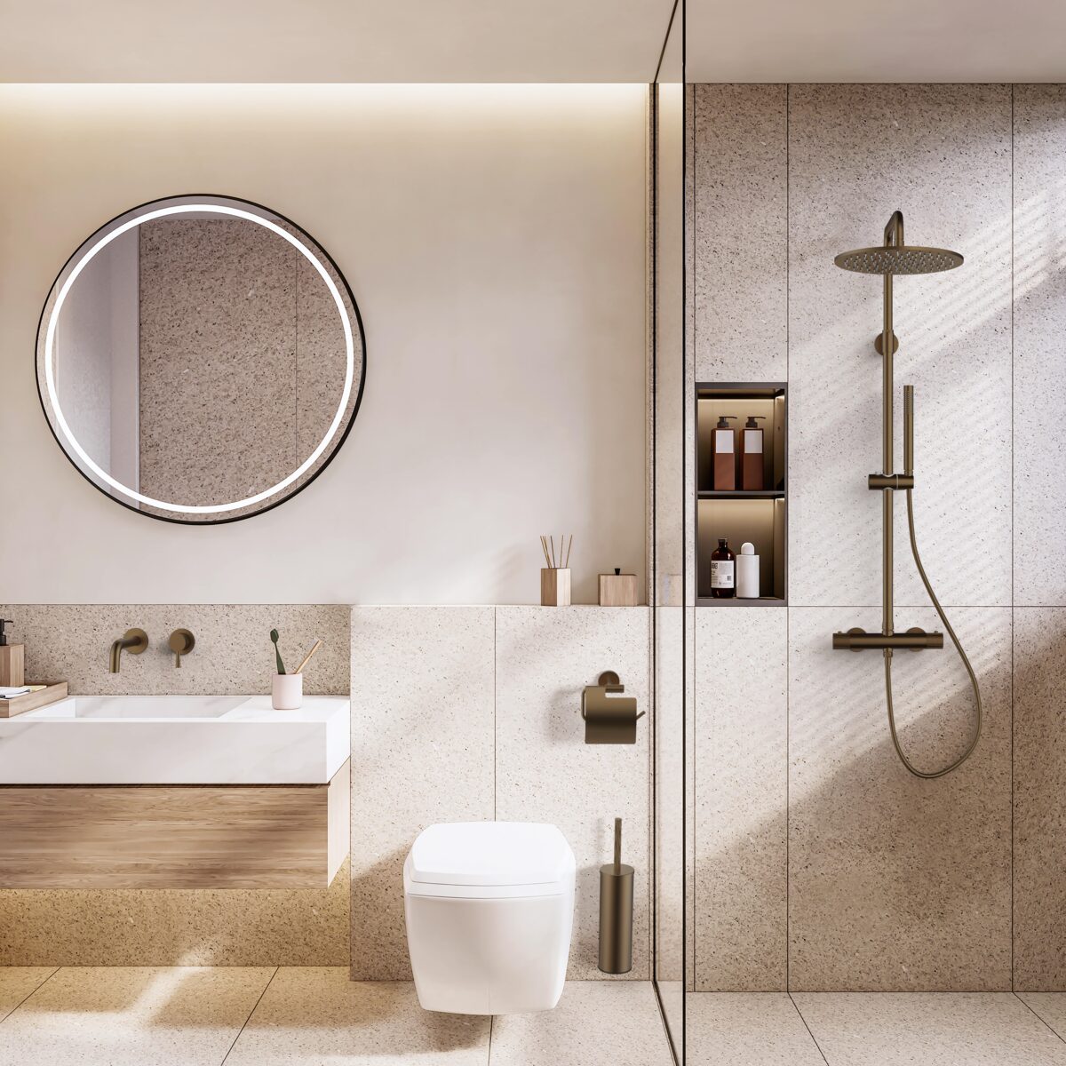 STRIA BROSSE WC AVEC SUPPORT – MANCHE AVEC STRUCTURE STRIÉE RAFFINÉE – SUSPENDUE OU À POSER – AVEC RÉCIPIENT INTÉRIEUR EN PLASTIQUE – BRUN BRONZÉ (PVD) - Image 3