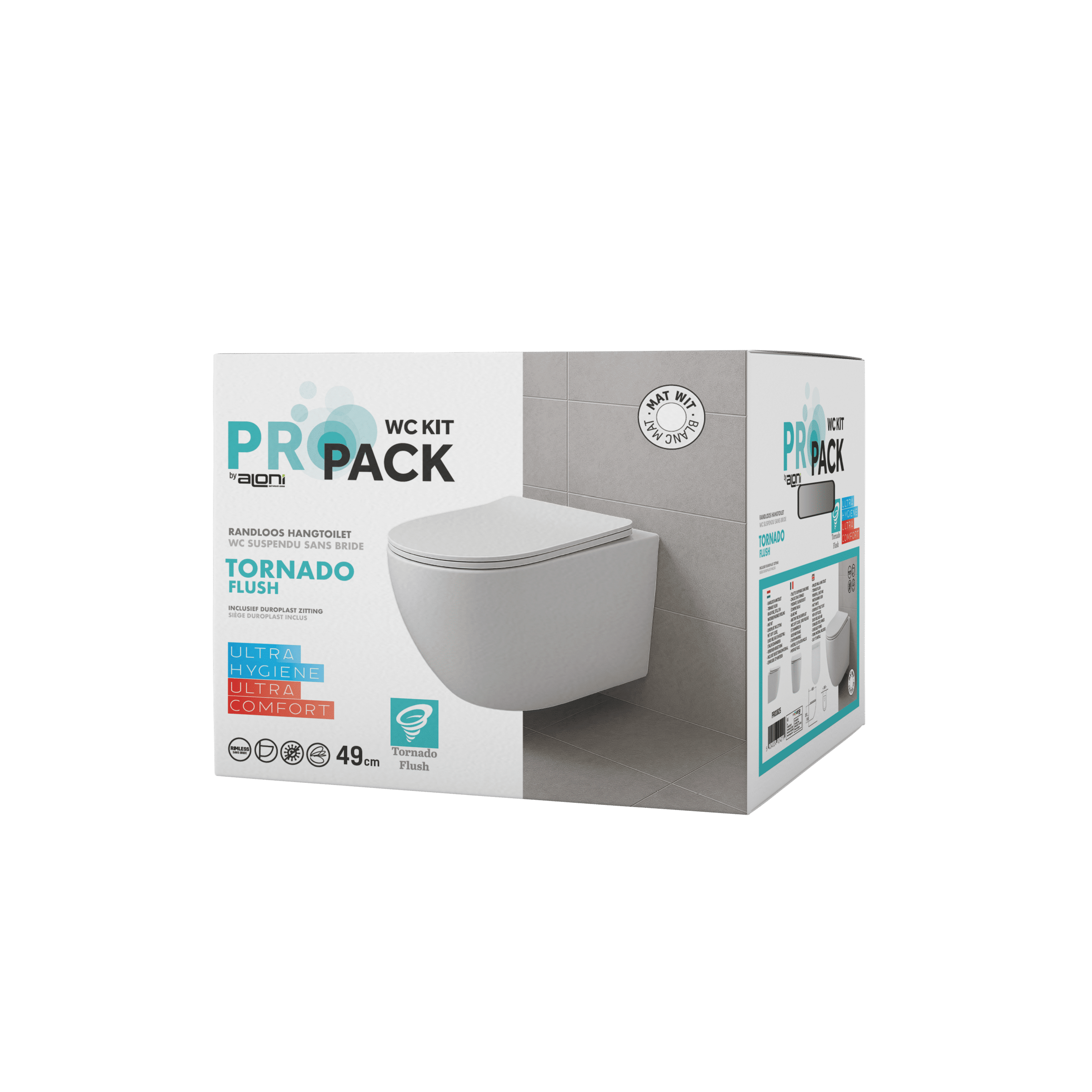 PRO182520box-4.png ALONI PRO WC SUSPENDU – TORNADO FLUSH – SANS BRIDE – AVEC ABATTANT – DUROPLAST – SOFT CLOSE – QUICK RELEASE – COMPACT 49 CM - 36X32X49 CM – BLANC MAT - Image 1