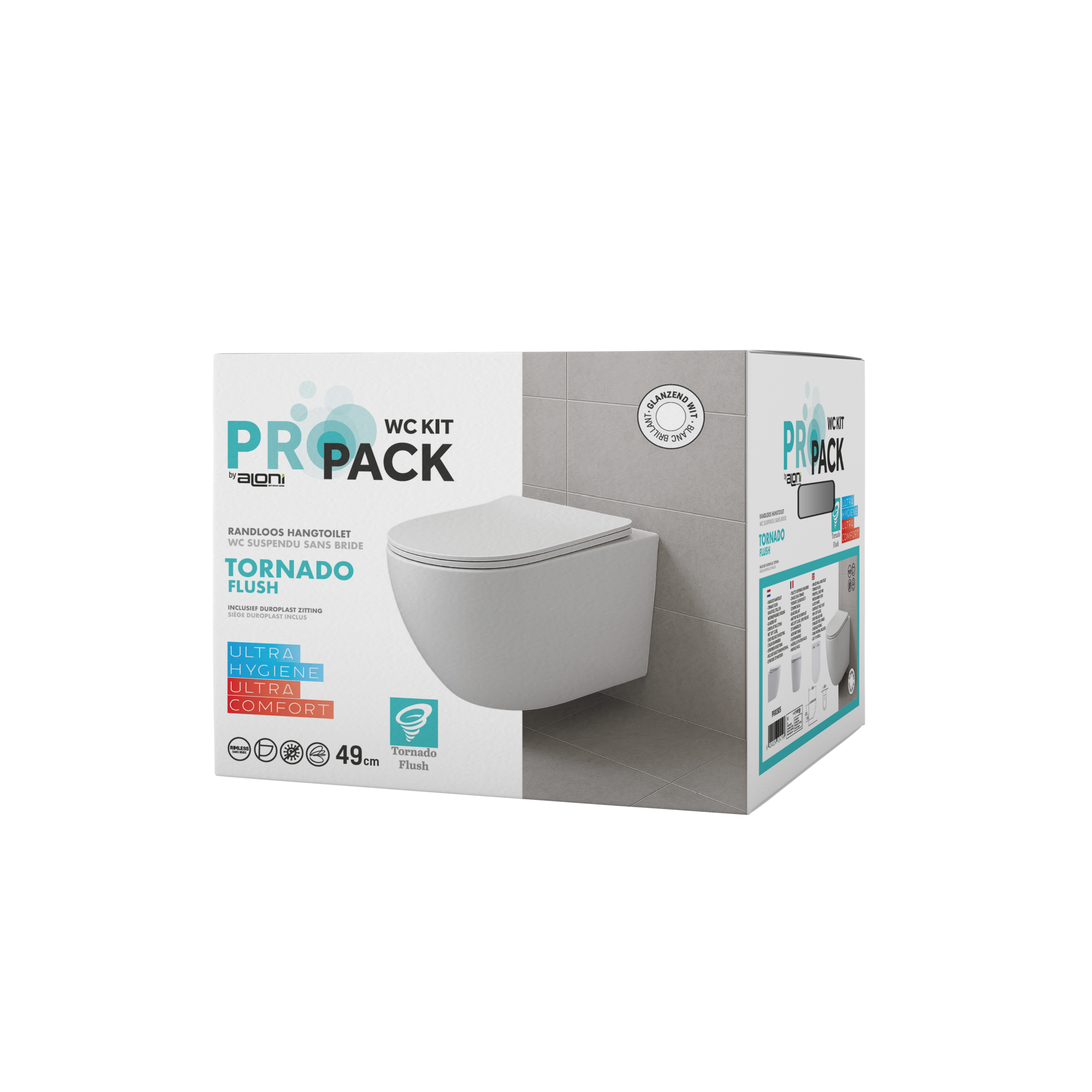 PRO192520box-7.png Aloni Pro Wall-Hung Toilet – Tornado Flush – Rimless – With Seat – Duroplast – Soft Close – Quick Release – Compact 49 Cm – 36x32x49 Cm – Blanc Brillant – Image 1