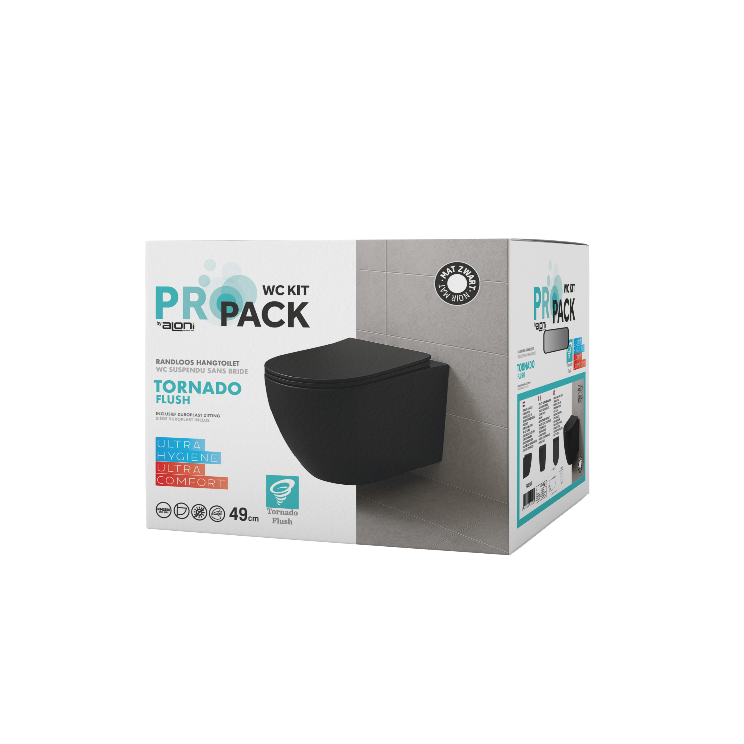 PRO202520box-6.png Aloni Pro Wc Suspendu – Tornado Flush – Sans Bride – Avec Abattant – Duroplast – Soft Close – Quick Release – Compact 49 Cm - 36x32x49 Cm – Noir Mat – Image 1