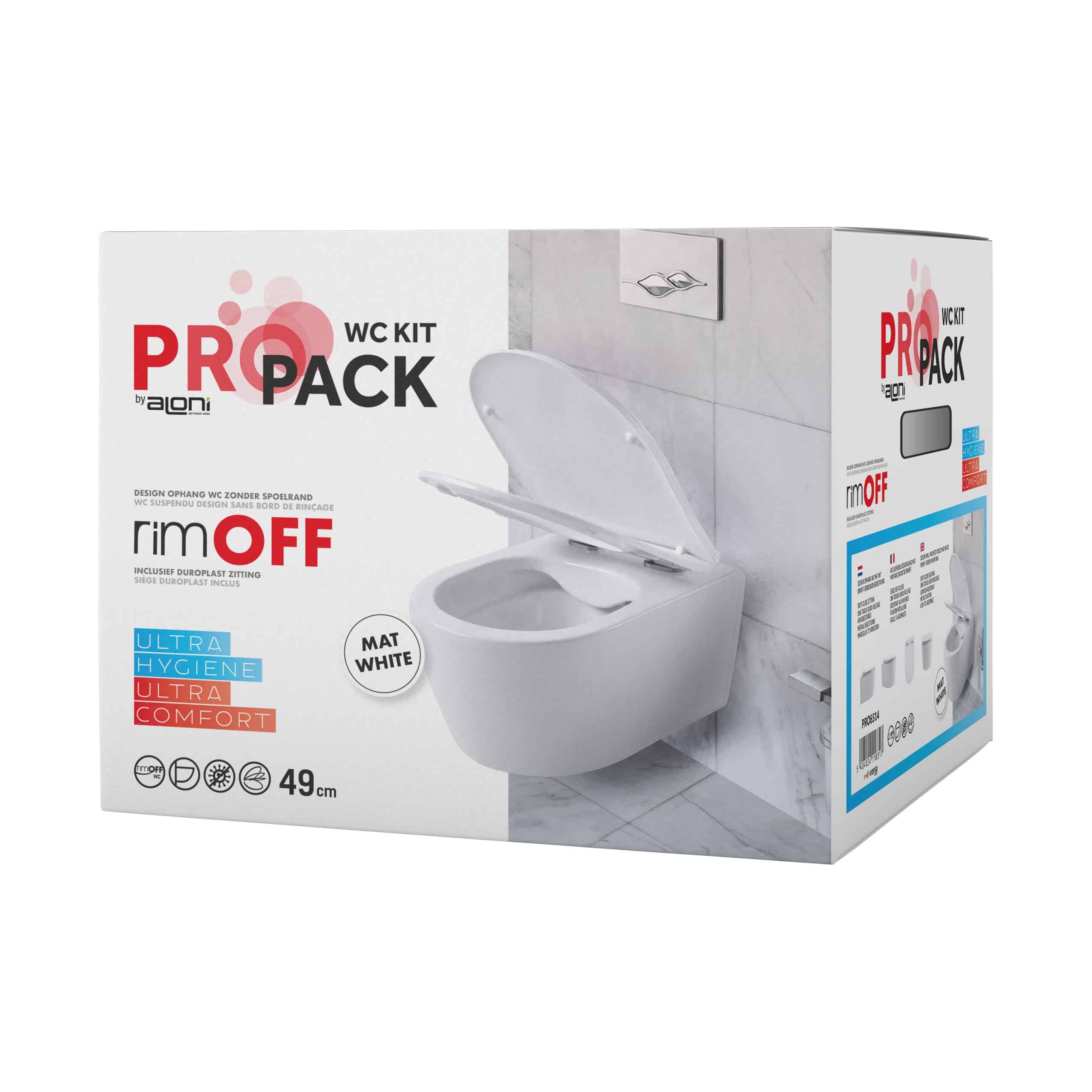 PRO6514_box.jpg Aloni Pro Wall-Hung Toilet - Rimless - With Seat - Duroplast - Softclose - Quick Release - Compact 49 Cm - 36x25x49 Cm - Blanc Mat – Image 1
